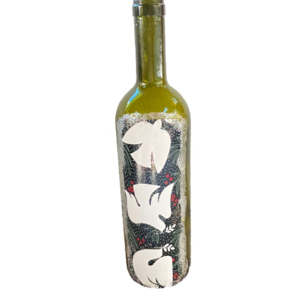 WHITE DOVE TRIO Lit Up Cork Green Wine Bottle Festive Winter Holiday 12 inches T